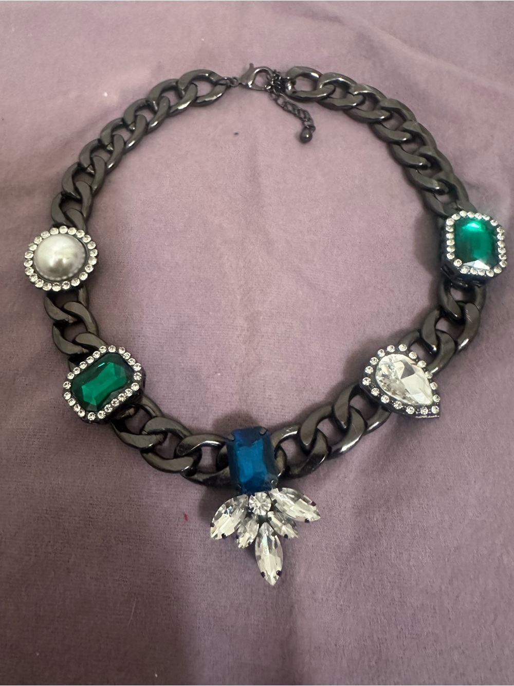 New Natasha Statement Black Chain Necklace with Blue, Green and Clear Gem Accent